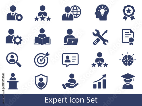 Expert Web Icon Set in Silhouette Style. Collection of Expert advice icons, including expertise, knowledge, specialist, skill, advice, mastery