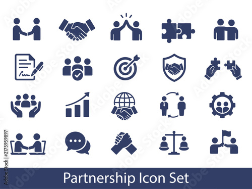 Partnership Web Icon Set in Silhouette Style. Collection of Collaboration icons, including agreement, plan, teamwork, synergy, success and win-win solution, cooperative 