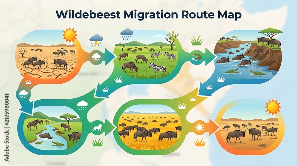 Naklejka premium Wildebeest migration route map infographic showing seasonal movement