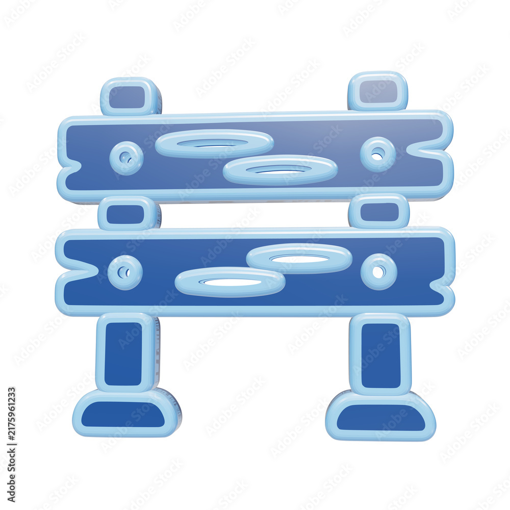 Obraz premium A 3D icon depicting a wooden fence or barrier structure with two horizontal planks and vertical posts, rendered in glossy blue tones on a white background isolated on a transparent background