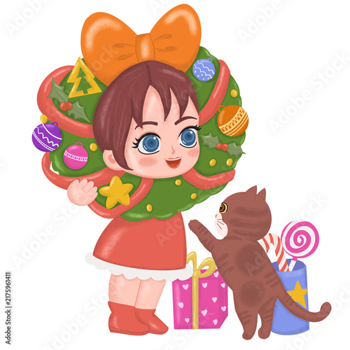 girl and cat Christmas