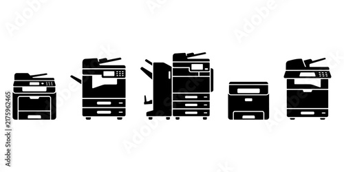 Картината върху платно Five black and white office multifunction printers lineup