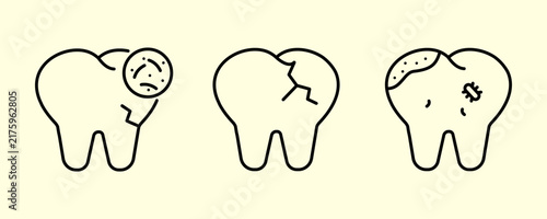 Bad Tooth Outline Icon Set, Dental Problems and Oral Health Vector Illustration