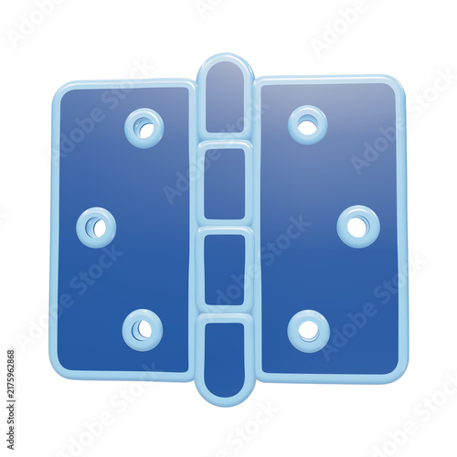 Photography A 3D rendered icon of a blue metal door hinge with four screw holes, presented o
