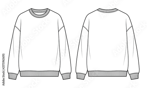 Oversized, sweatshirt, fashion, technical, flat, sketch, vector, blank, long, sleeve, pullover, mock, up, template, front, and, back, view, design, outline