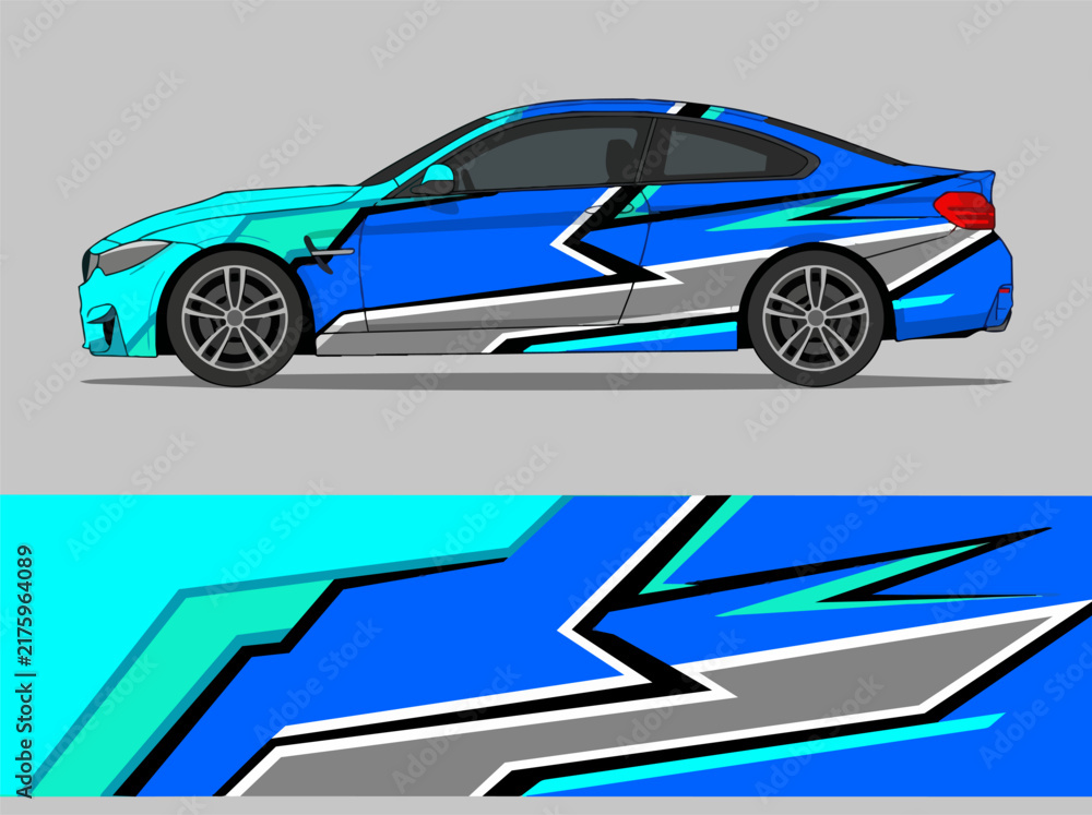 Fototapeta premium Blue and cyan geometric car wrap design on sports car.
