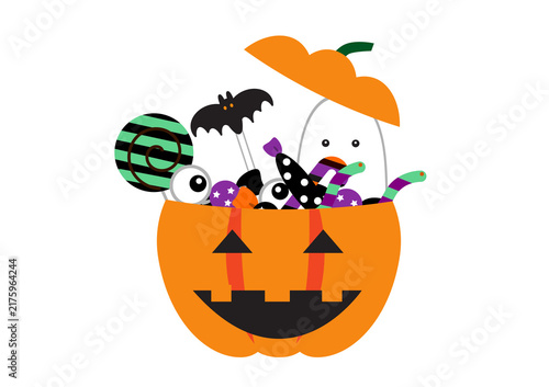 かぼちゃのバケツに入ったハロウィンキャンディーのイラスト