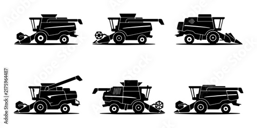 Foto Set of 6 Black Silhouette Combine Harvester Icons, Agricultural Machinery Vector
