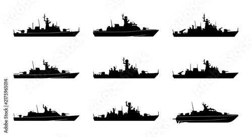 Bild auf Leinwand Naval Warships Collection, Military Vessels Silhouettes, Set of 9 Warship Icons,