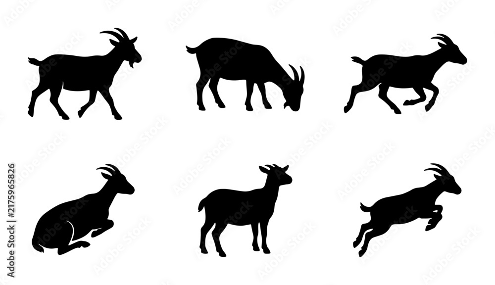 Obraz premium Goat Silhouettes Collection, Farm Animal Vector Icons, Livestock Mammal Poses, Agricultural Wildlife Graphics, Rural Farm Life Elements
