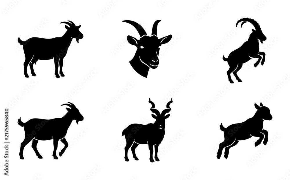 Obraz premium Goat Silhouettes Collection, Farm Animal Icons, Livestock Vector Graphics, Wild Caprine Poses, Black and White Farm Mammal Set