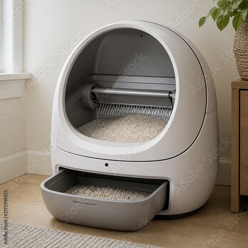 Automatic self-cleaning litter box with pulled-out waste drawer in a home setting