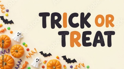 Trick or treat halloween banner with pumpkins and bats