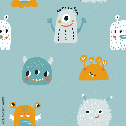 Childish seamless pattern with cute monsters. Funny monsters vector background. Perfect for kids apparel, textile, fabric.