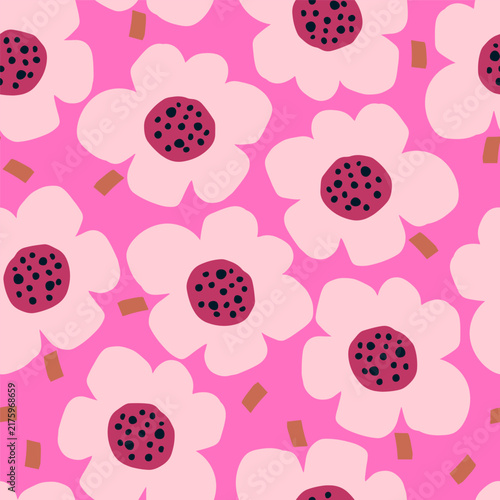Seamless botanical pattern with hand drawn bold flowers. Pink floral texture. Vector illustration