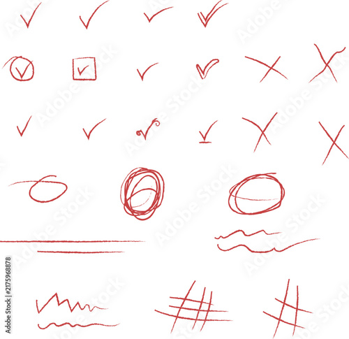 Red Hand Drawn Proofreading Correction Marks, Checkmarks, Crosses and Editorial Annotations Set