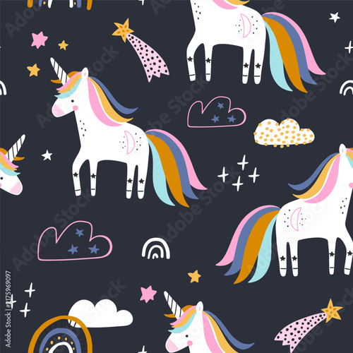 Cute Magical Unicorn Night Sky Seamless Pattern