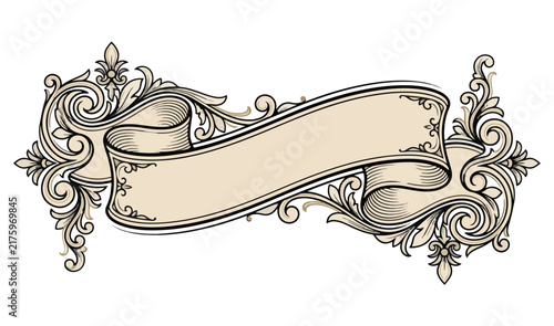 Ornate vintage scroll banner with floral decorations.