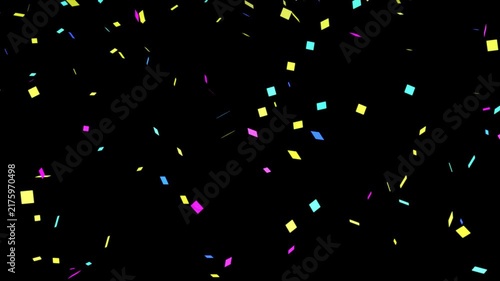 Colorful confetti falling down on black background, animation of 2D exploding confetti, colorful Isolated confetti party popper explosion confetti blast realistic on black screen, 4K and UHD video