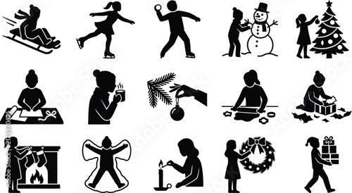 Winter holiday activity vector graphic set showing children playing outdoors and enjoying cozy seasonal indoor traditions during festive December months