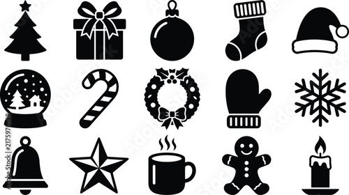 Christmas holiday season icon set featuring black flat vector graphic designs of festive winter symbols for seasonal website interface projects
