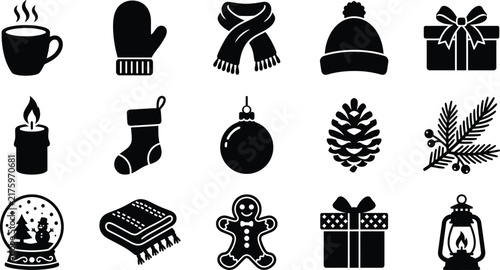 Winter holiday collection set featuring black silhouette vector icons representing seasonal festive objects like gift boxes candles and warm accessories