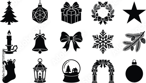 Black silhouette christmas icons collection featuring festive holiday symbols like trees gifts bells stars snowflakes and decorations in flat vector style