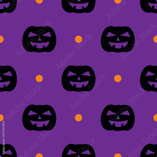 Seamless Halloween vector Pattern Featuring Spooky Black Jack-O'-Lantern Silhouettes and Orange Polka Dots on a Purple Background, Ideal for Fabric, Wrapping Paper, and Festive Decor
