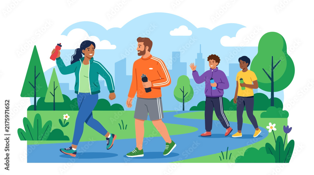 Fototapeta premium Diverse group of people walking and exercising in a park with city skyline background.