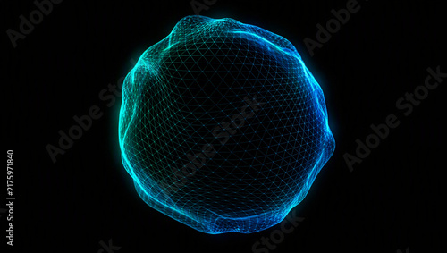 A glowing blue and green sphere with a network pattern on a black background, representing abstract digital data or energy.