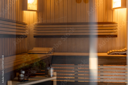фотографія Wooden sauna with warm lighting