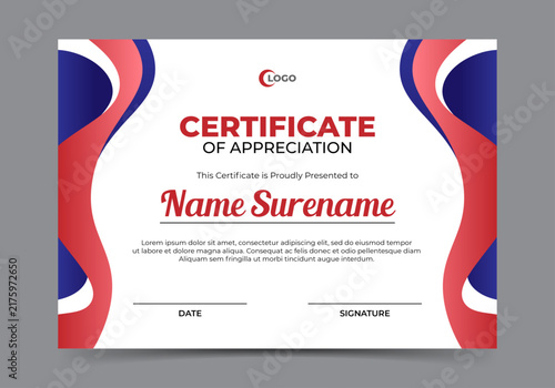 Certificate design template with blue and red shape