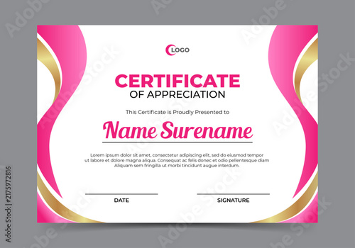 Certificate design template with pink and golden shape