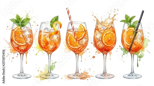 Watercolor Aperol Spritz cocktail illustrations with orange slices on white background.