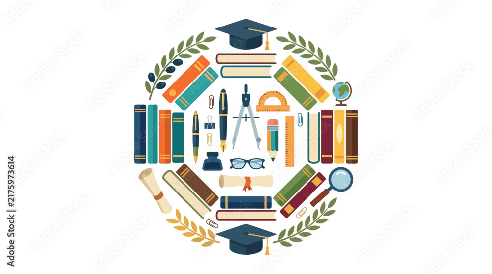 Fototapeta premium Education Symbols Collage - Graduation Caps, Books, Tools, Scrolls on White Background