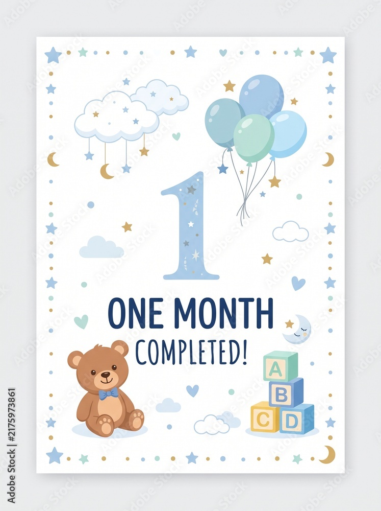 Obraz premium One Month Completed baby photo prop, blue teddy bear, clouds, balloons, stars, golden moon, toy blocks, text sign, baby shower invitation, milestone decor