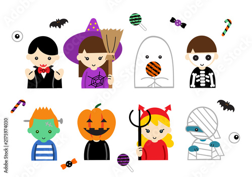 ハロウィンの仮装をした子どものアバターセット（吸血鬼・魔女・ジャックオーランタン・おばけ）
