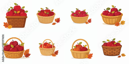 Vector icon of a woven basket containing several red apples and yellowish-green leaves. Autumn theme. Vektor, ilustration, minimalist, flat, icon, icon set