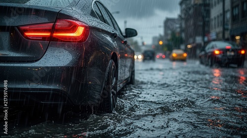 Cars are partially submerged in rising water on a flooded urban street during a severe weather event.