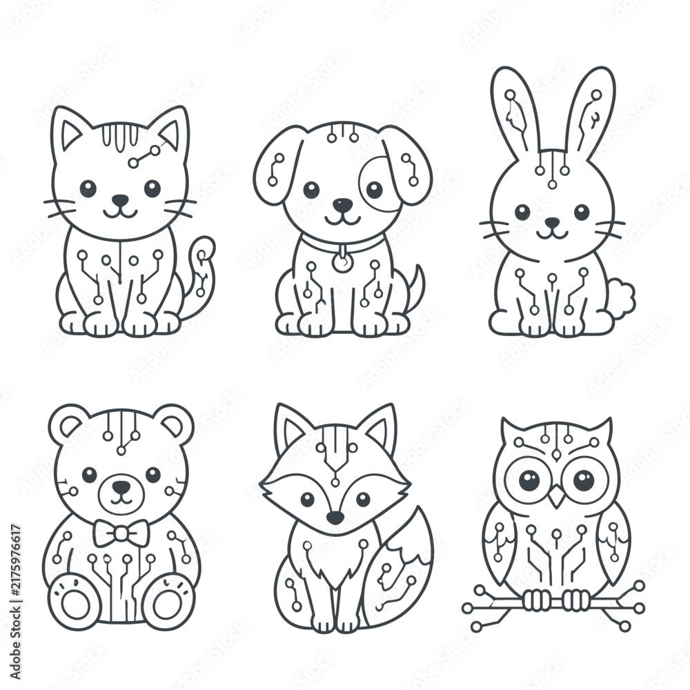 Fototapeta premium Cute robotic animals set with cat dog bear and fox line art drawing