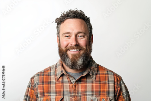 Portrait of a man with a beard smiling against a white background