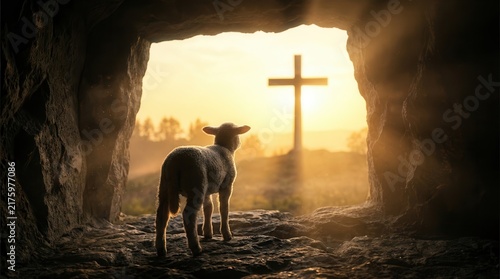 A silhouette of a lamb in a stone chamber gazing at a cross bathed in light.