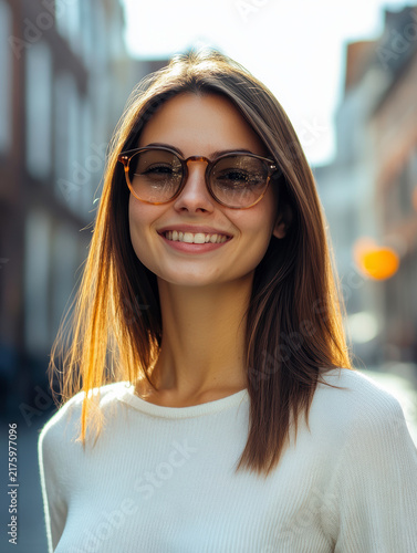 Smiling young woman wearing sunglasses while walking in the city streets