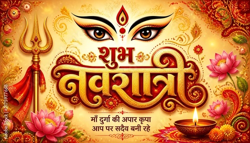 Shubh Navratri Hindi Festival Greeting Design with Goddess Durga Eyes, Diya, Trishul and Floral Background