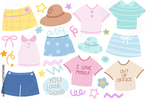 Cute pastel vectors of outfit of the day with shirt, skirt, blouse, short jeans, hat, you look good letters for fashion, accessories, costume, online shopping, department store, street stalls, sticker