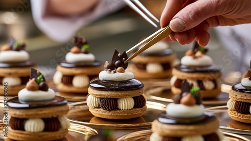 A professional pastry chef composition featuring tiramisu whoopie pies carefully finished with precision tweezers and micro chocolate decorations inside a Michelin-level dessert kitchen