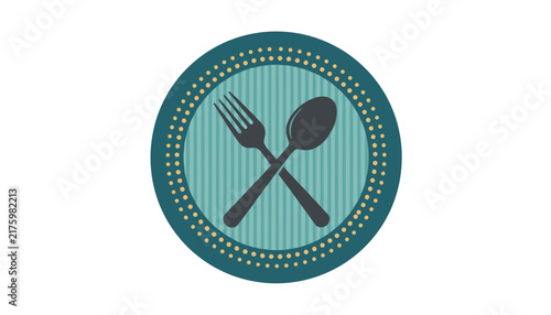 Crossed fork and spoon icon on a green striped circular background framed in a dark blue dotted border vector design.