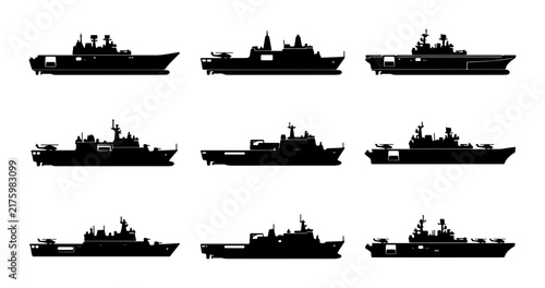Bild auf Leinwand Modern Warship Silhouettes, Naval Fleet Icons, Military Vessel Collection Vector