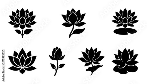 Elegant Black Lotus Flower Vector Icons Set, Sacred Water Lily Symbols, Zen Garden Floral Graphics, Spiritual Meditation Elements