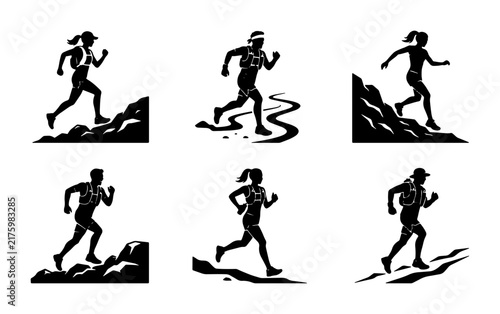 Obraz na płótnie Trail Running Silhouettes: Diverse Male and Female Athletes in Action, Mountainous Terrain, Outdoor Sports Vector Set